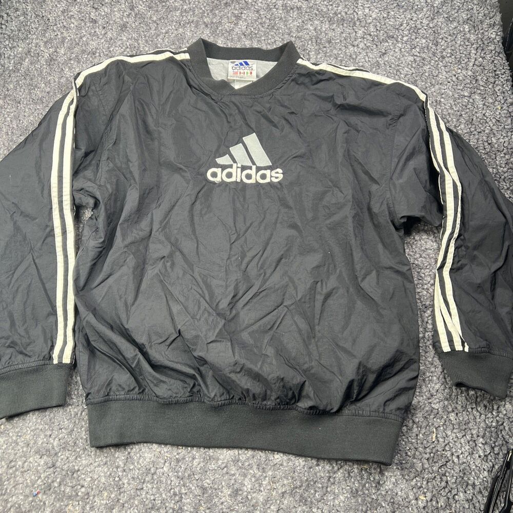 Vintage Adidas Pullover Jacket Mens M Black 3-Stripes Windbreaker Crewneck Lined